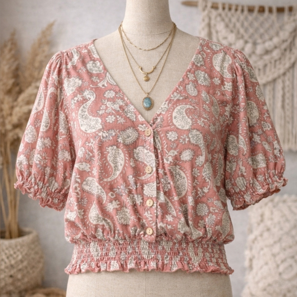 Melloday Pink & White Paisley Boho Blouse